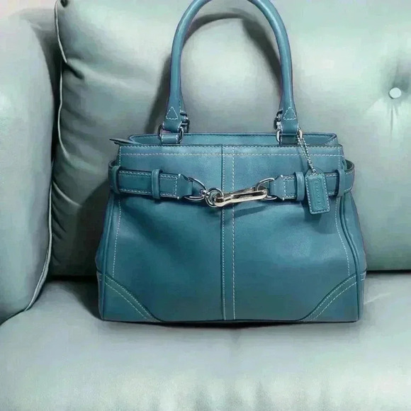 COACH Hamptons Teal Leather Belted Satchel Y2K - Picture 2 of 11